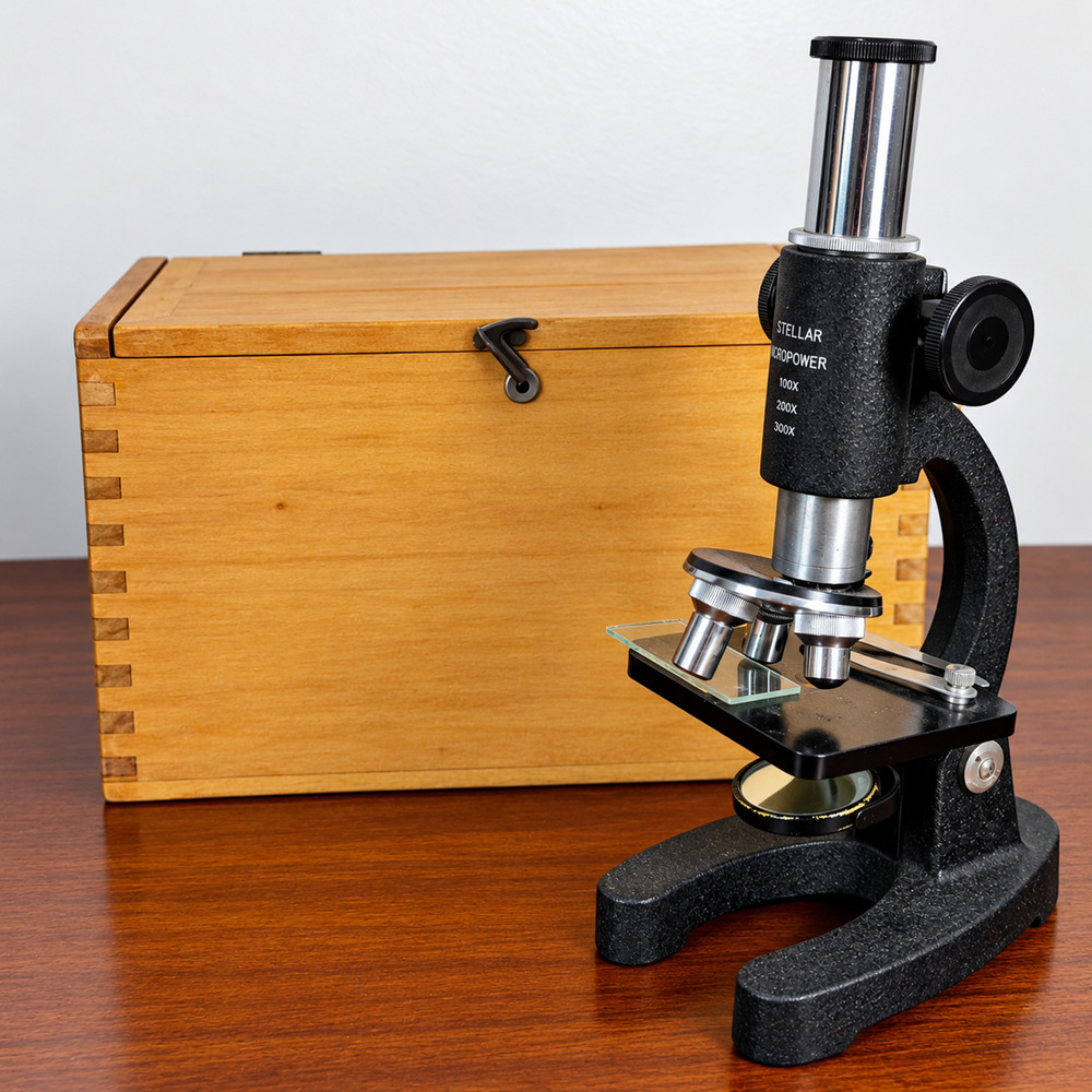 Vintage Student Microscope Stellar Highpower 100X 200X 300X Wooden Case
